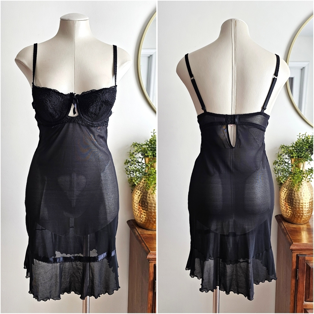 Sophie B. Vintage Y2K Whimsy Black Lace Slip Lingerie Retro Night Dress, L